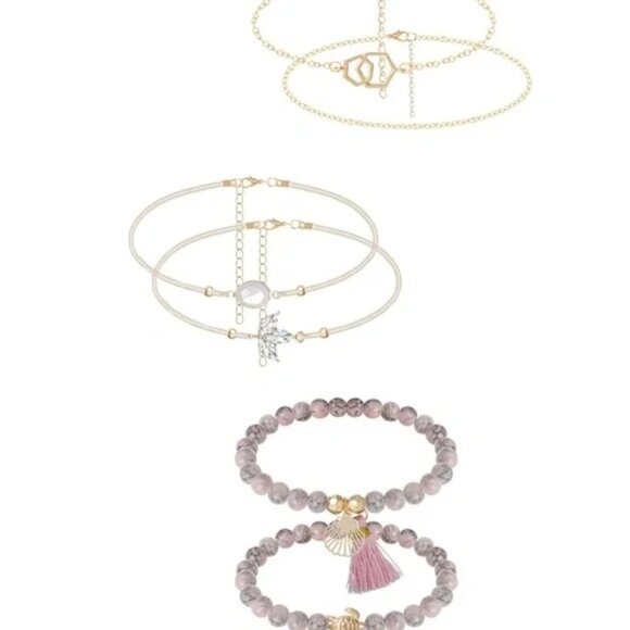 Bohemian Pink Bead Rhinestone Gold tone Bracelet Set - Picture 3 of 3